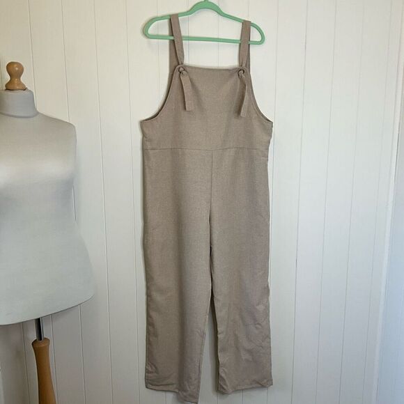 Womens Size Large Tie Straps Romper Jumpsuit Tan Khaki Square Neck Side Zipper - Picture 1 of 13